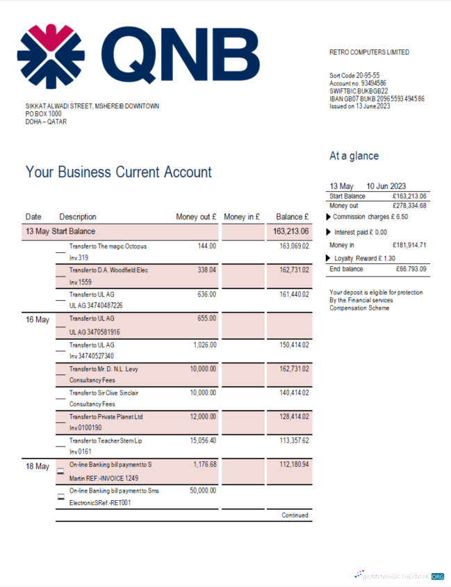 Download QNB Bank company account statement Word and PDF template Photoshop template